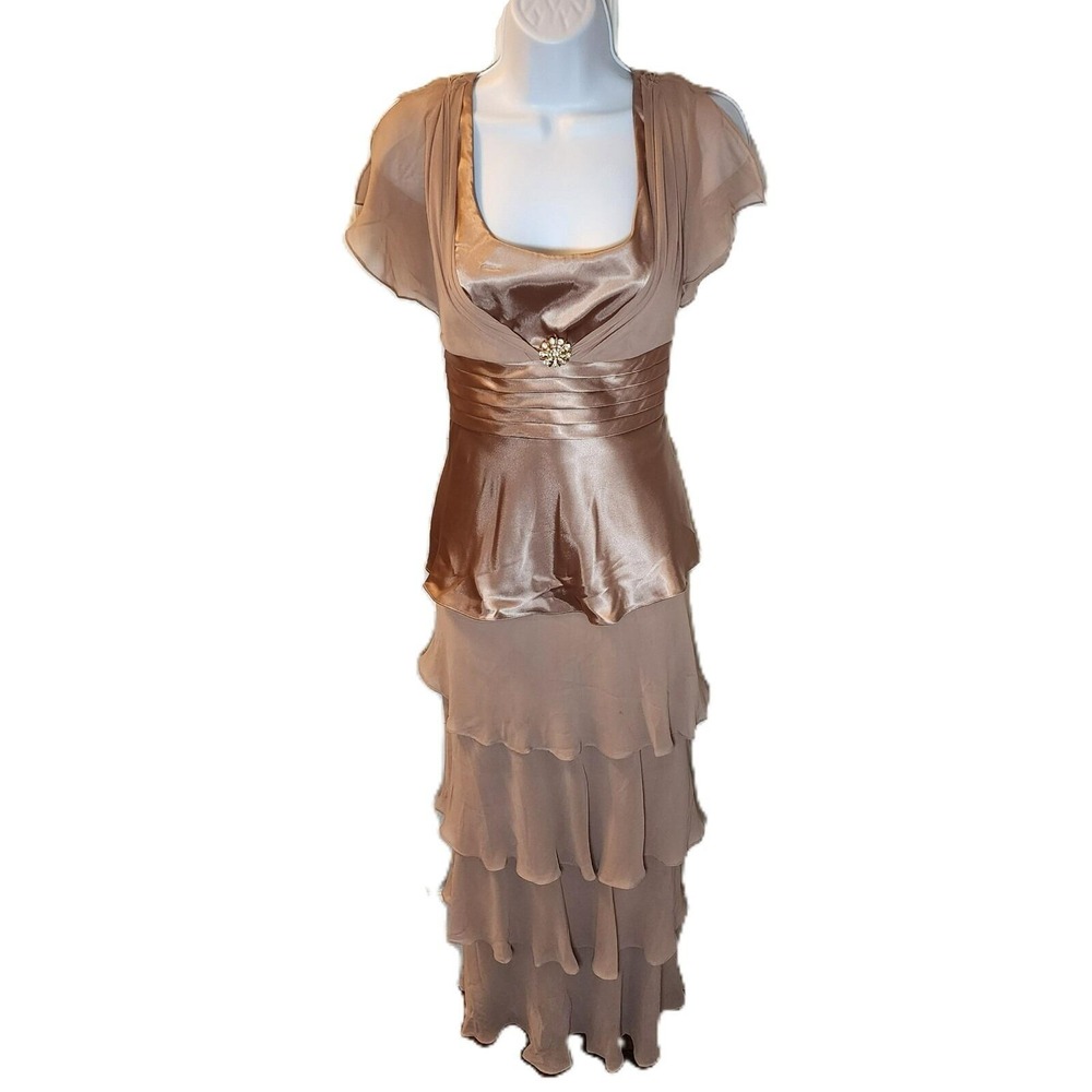 Patra Sz 8 Champagne‎ Satin Tiered Maxi Gown Rhinestone Mother of the Bride